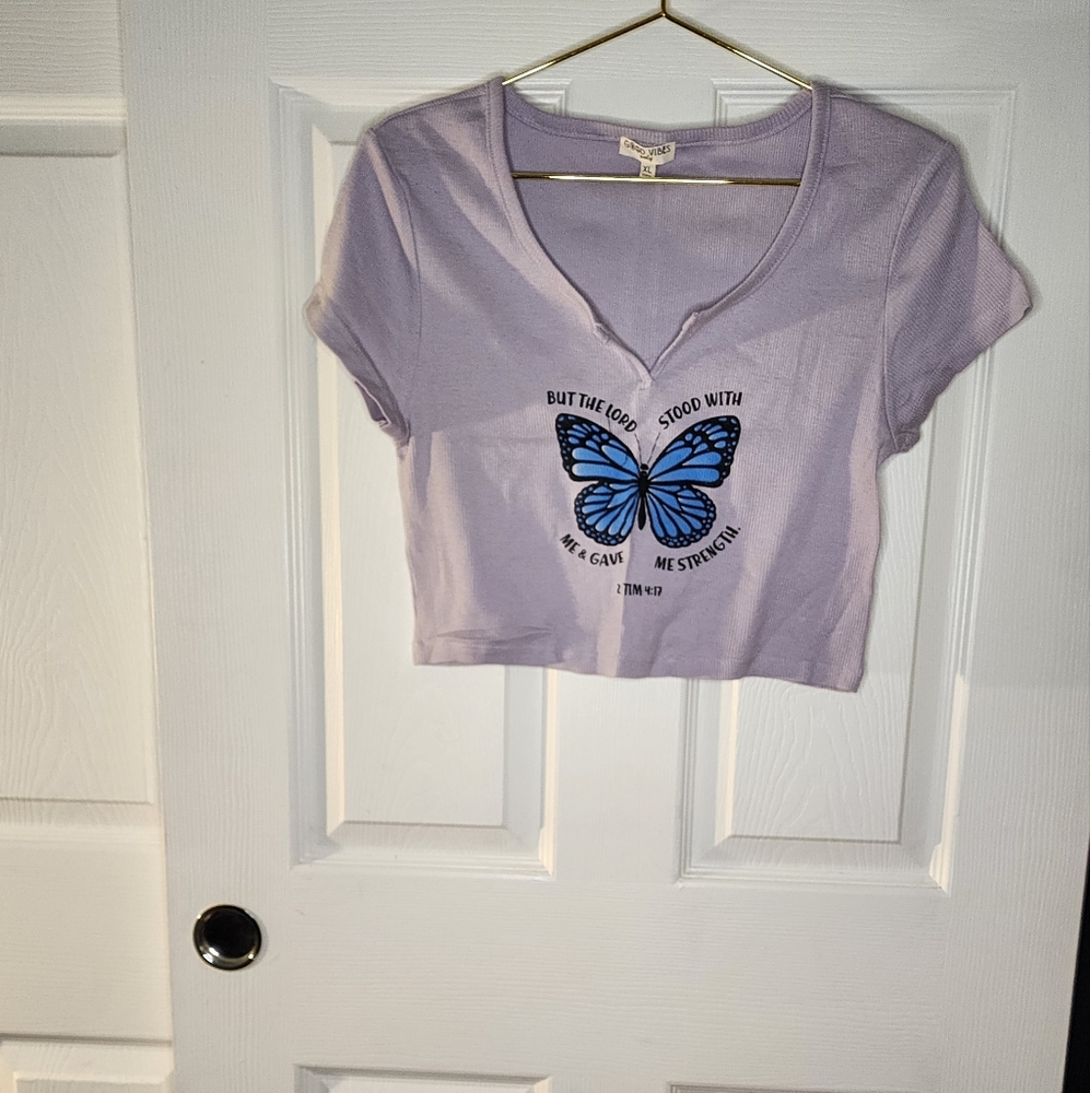 Purple Graphic Crop T-Shirt with Butterfly Design